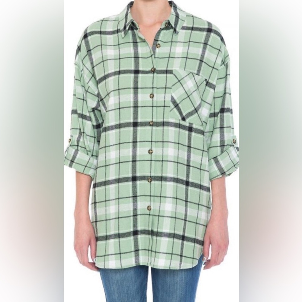 NEW WOMENS GREEN PLAID FLANNEL SHIRT